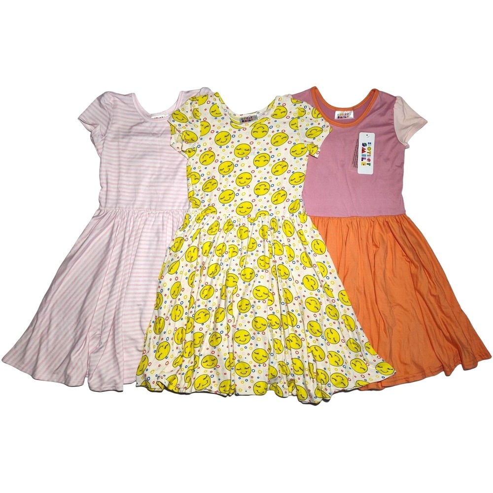 3 Dot Smile Girls Sz 7‎ Smiley Face Pink Stripe Cap Sleeve Twirl Dress Lot
